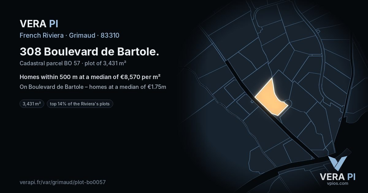 308 Boulevard de Bartole, Grimaud at night – the plot lit, the parcels around coloured by the prices near them