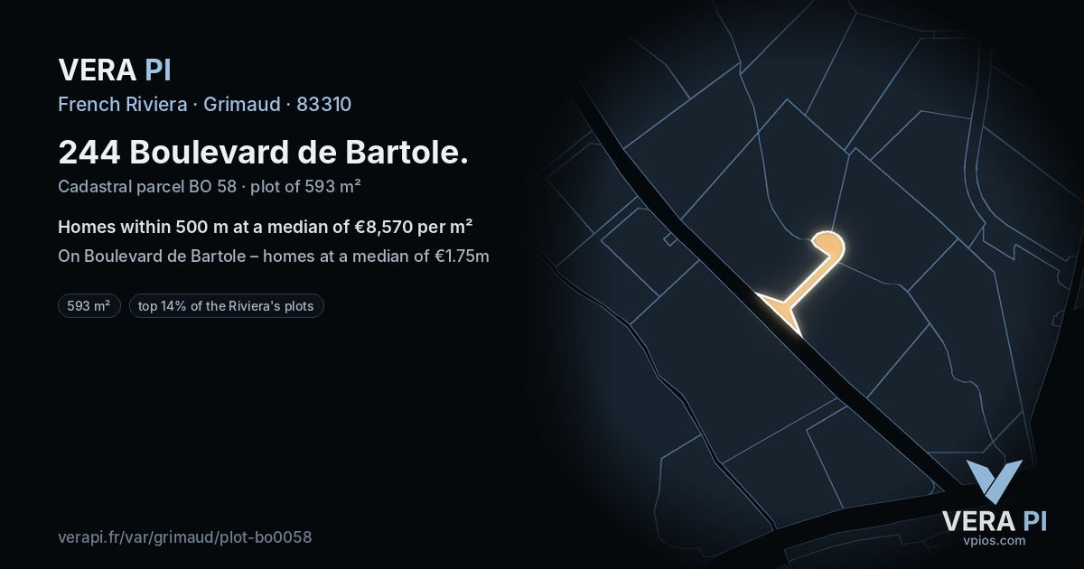 244 Boulevard de Bartole, Grimaud at night – the plot lit, the parcels around coloured by the prices near them