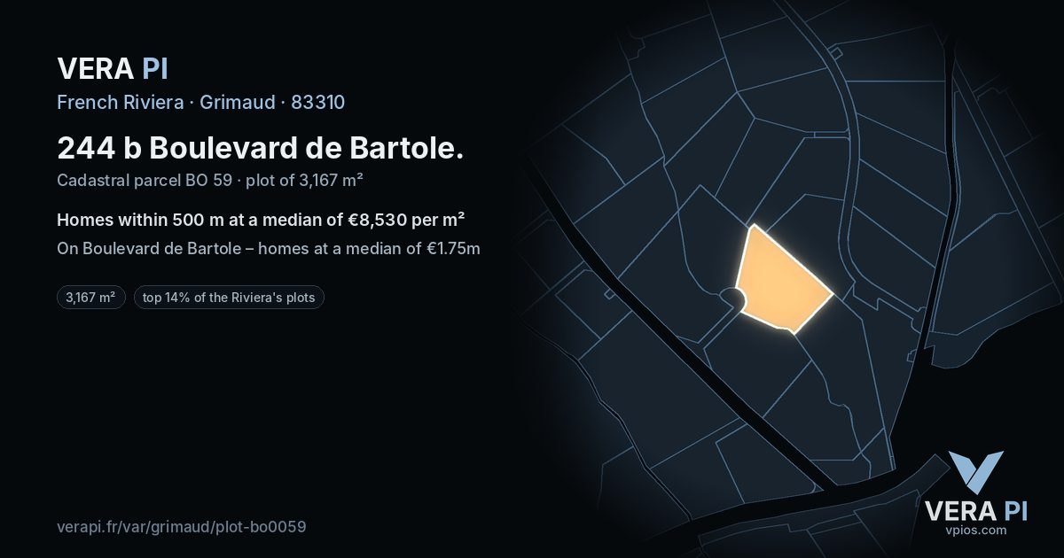 244 b Boulevard de Bartole, Grimaud at night – the plot lit, the parcels around coloured by the prices near them