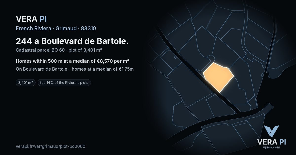 244 a Boulevard de Bartole, Grimaud at night – the plot lit, the parcels around coloured by the prices near them