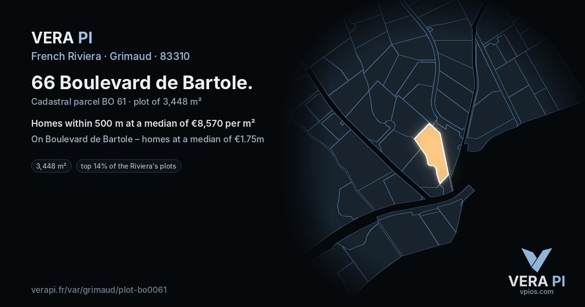 66 Boulevard de Bartole, Grimaud at night – the plot lit, the parcels around coloured by the prices near them