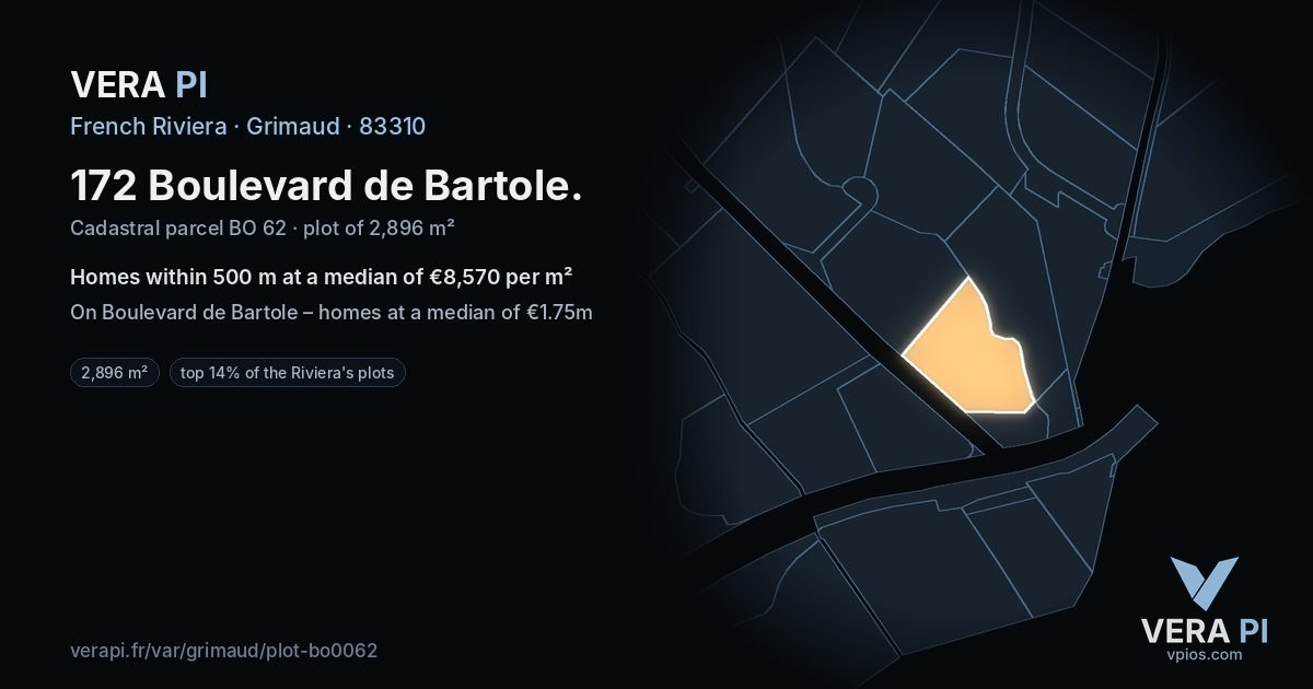 172 Boulevard de Bartole, Grimaud at night – the plot lit, the parcels around coloured by the prices near them