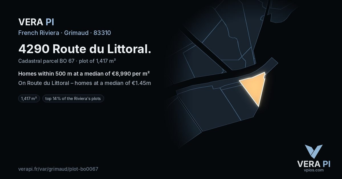 4290 Route du Littoral, Grimaud at night – the plot lit, the parcels around coloured by the prices near them