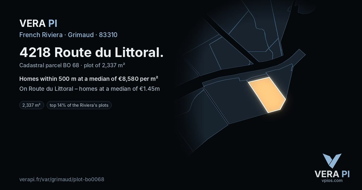 4218 Route du Littoral, Grimaud at night – the plot lit, the parcels around coloured by the prices near them