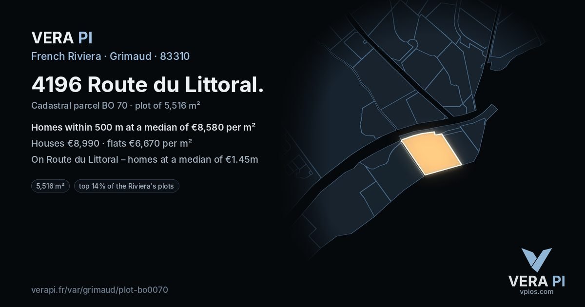 4196 Route du Littoral, Grimaud at night – the plot lit, the parcels around coloured by the prices near them