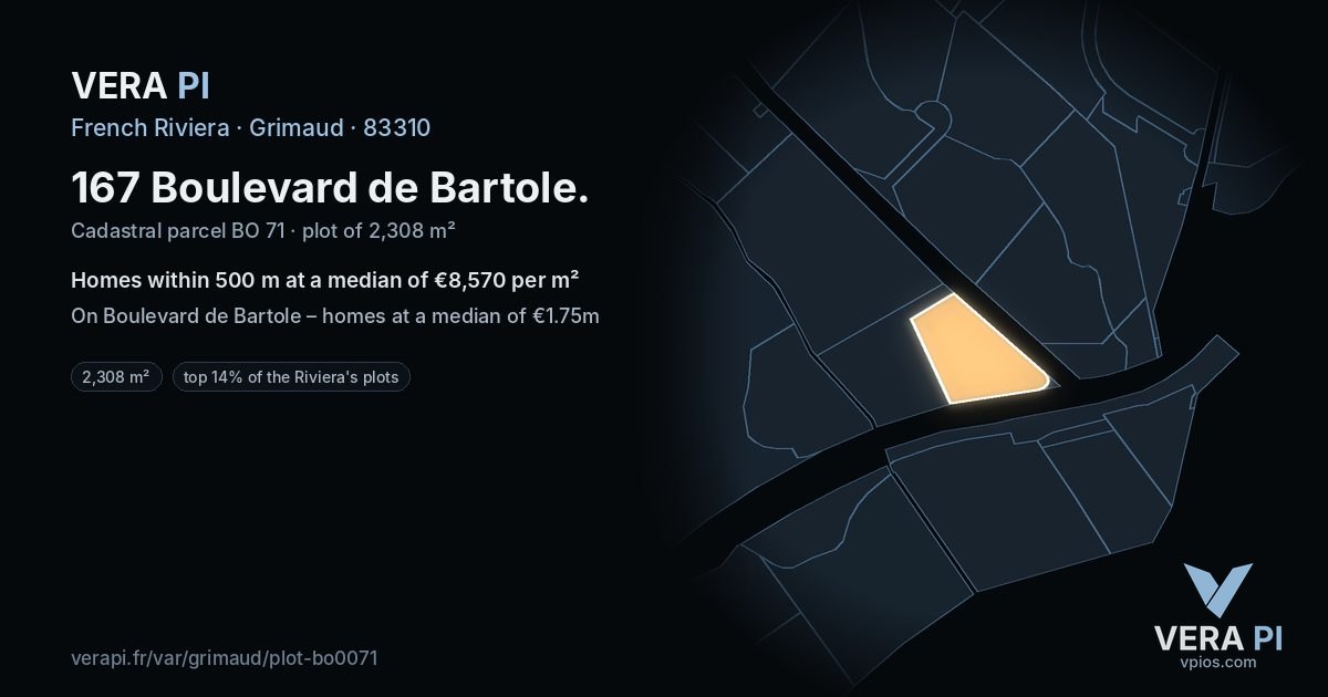 167 Boulevard de Bartole, Grimaud at night – the plot lit, the parcels around coloured by the prices near them