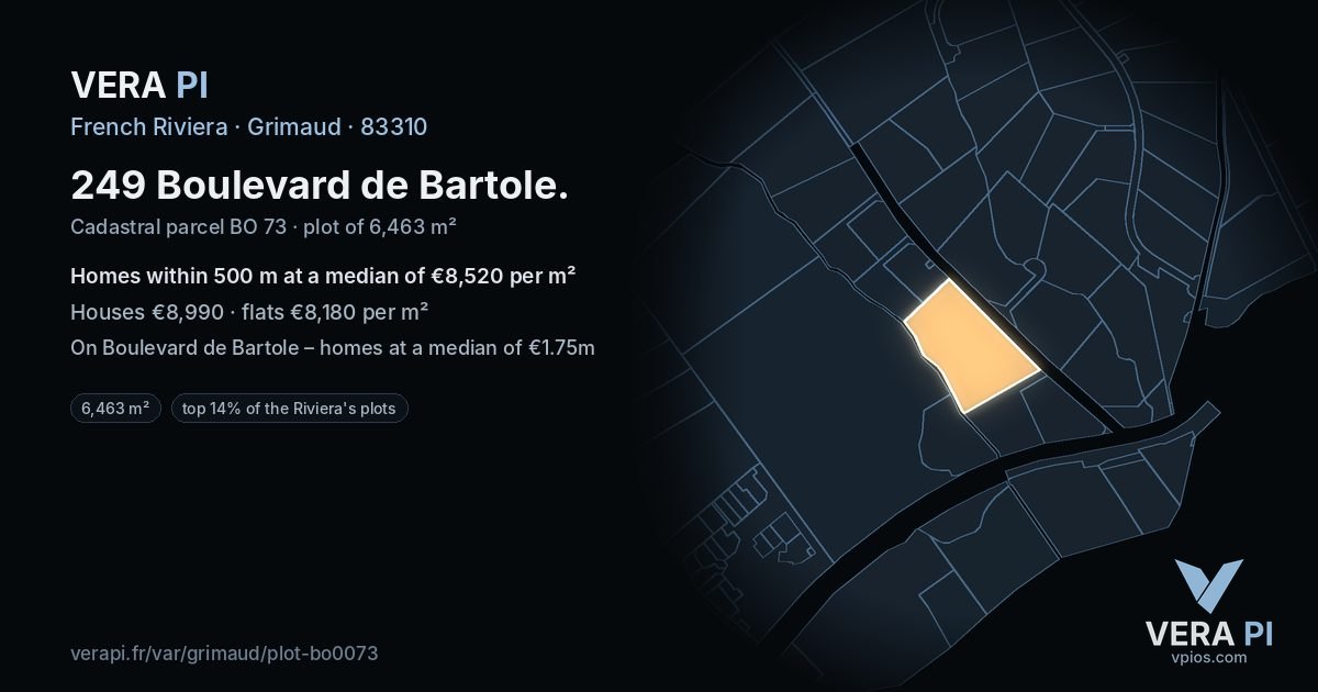 249 Boulevard de Bartole, Grimaud at night – the plot lit, the parcels around coloured by the prices near them