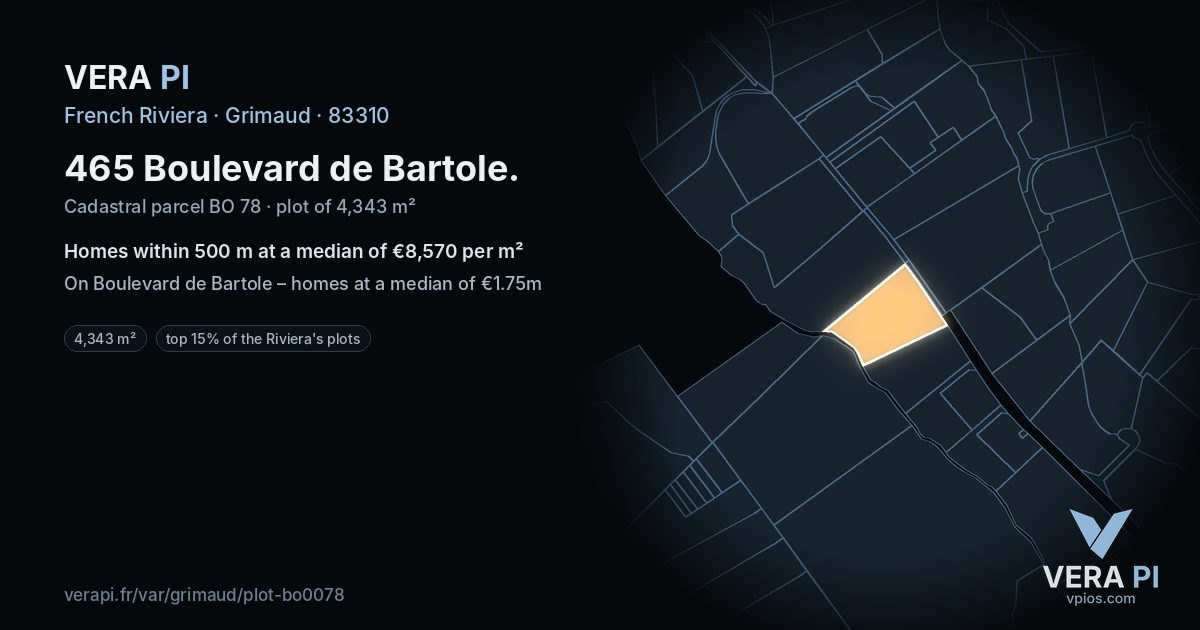 465 Boulevard de Bartole, Grimaud at night – the plot lit, the parcels around coloured by the prices near them