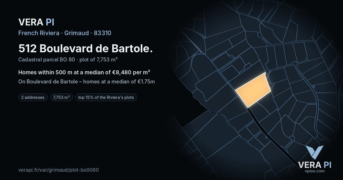 512 Boulevard de Bartole, Grimaud at night – the plot lit, the parcels around coloured by the prices near them