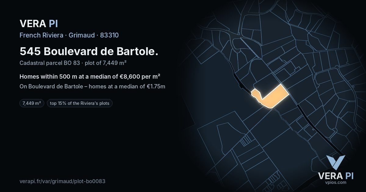 545 Boulevard de Bartole, Grimaud at night – the plot lit, the parcels around coloured by the prices near them