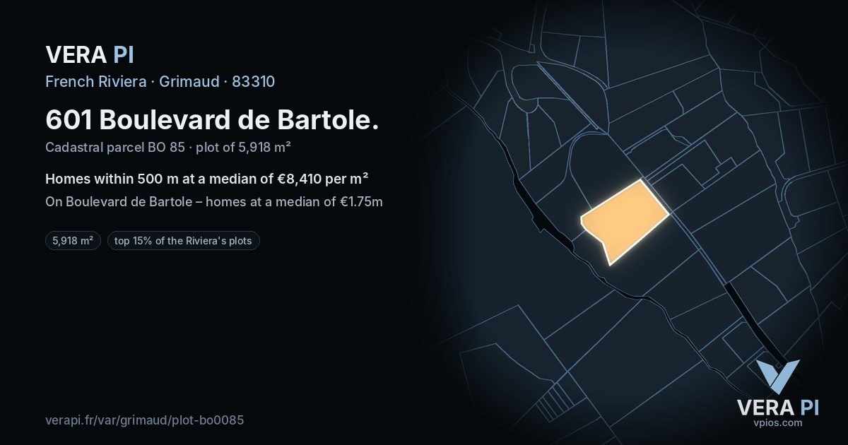 601 Boulevard de Bartole, Grimaud at night – the plot lit, the parcels around coloured by the prices near them