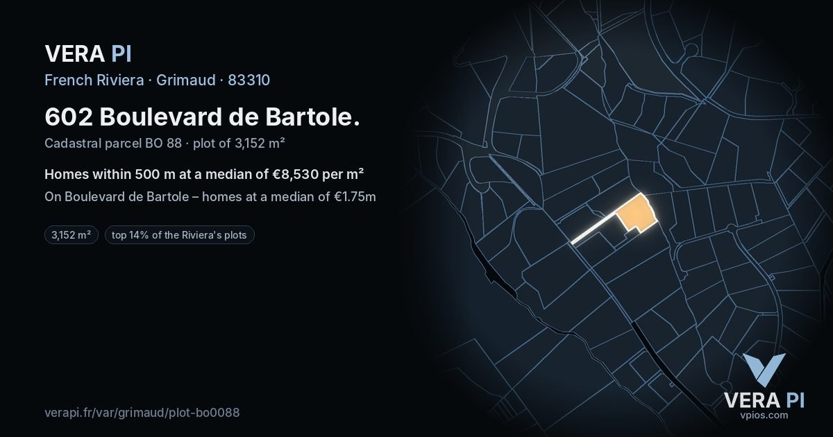 602 Boulevard de Bartole, Grimaud at night – the plot lit, the parcels around coloured by the prices near them