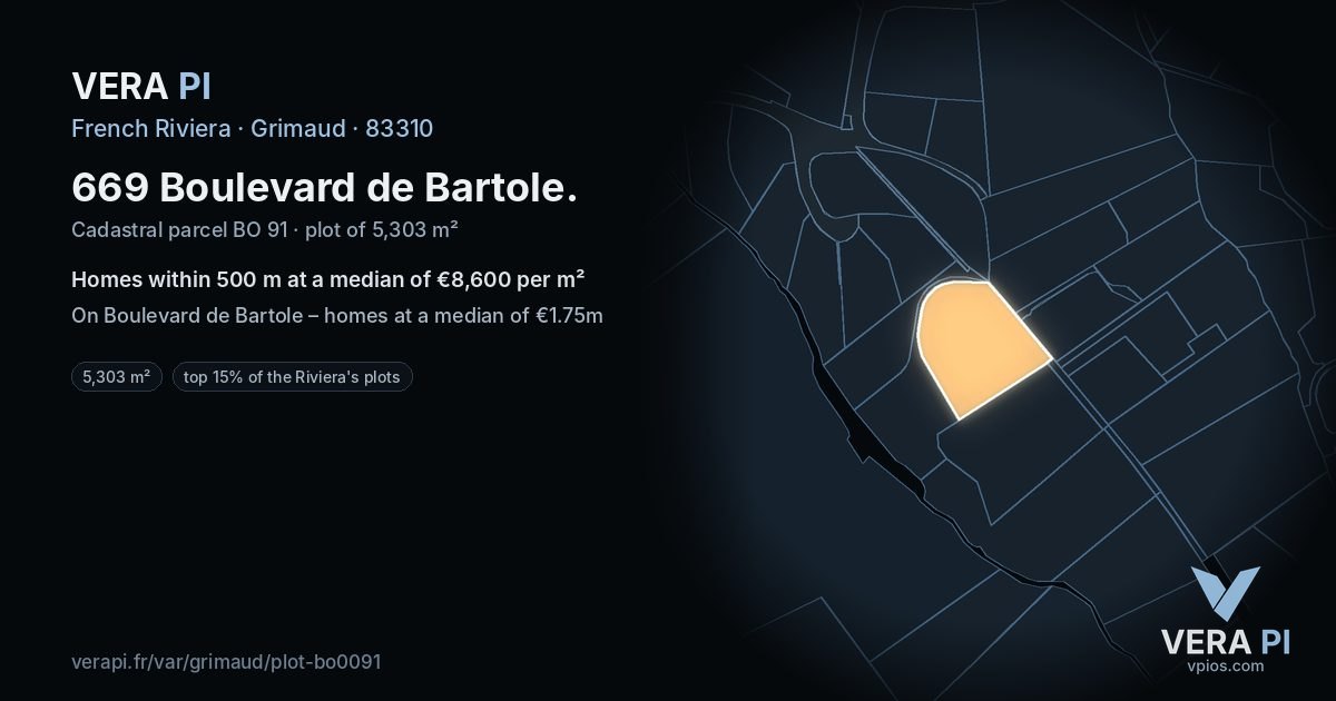 669 Boulevard de Bartole, Grimaud at night – the plot lit, the parcels around coloured by the prices near them