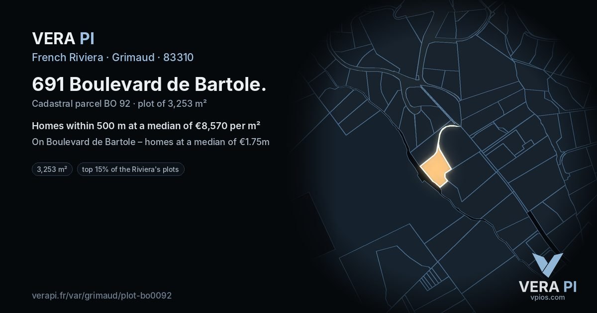 691 Boulevard de Bartole, Grimaud at night – the plot lit, the parcels around coloured by the prices near them
