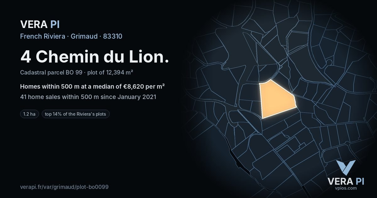4 Chemin du Lion, Grimaud at night – the plot lit, the parcels around coloured by the prices near them