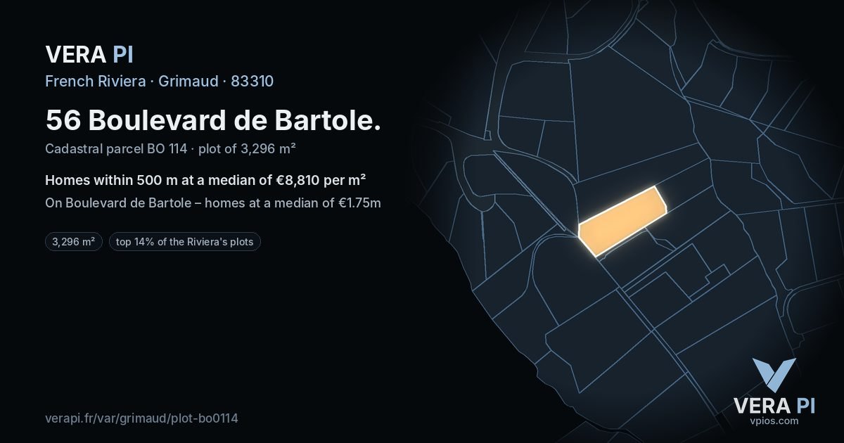 56 Boulevard de Bartole, Grimaud at night – the plot lit, the parcels around coloured by the prices near them