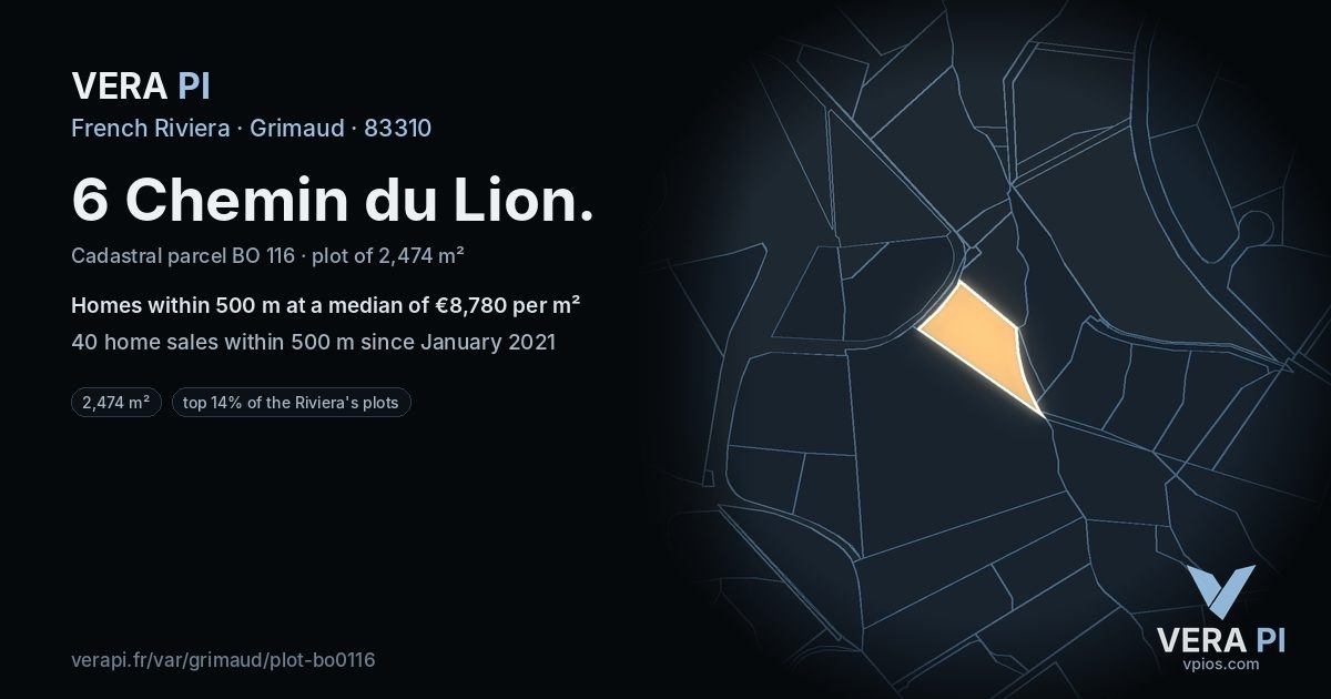 6 Chemin du Lion, Grimaud at night – the plot lit, the parcels around coloured by the prices near them