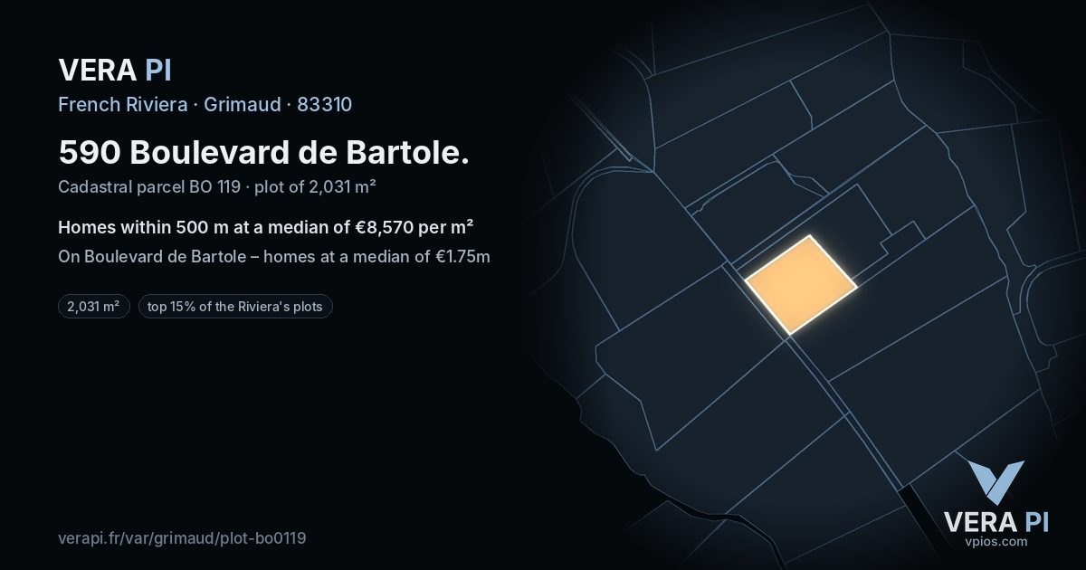 590 Boulevard de Bartole, Grimaud at night – the plot lit, the parcels around coloured by the prices near them