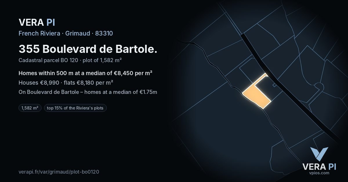 355 Boulevard de Bartole, Grimaud at night – the plot lit, the parcels around coloured by the prices near them