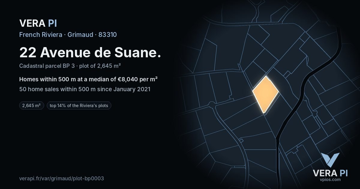 22 Avenue de Suane, Grimaud at night – the plot lit, the parcels around coloured by the prices near them