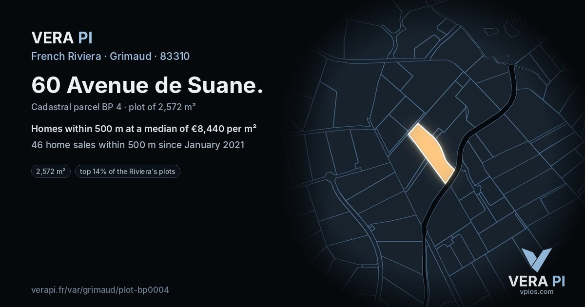 60 Avenue de Suane, Grimaud at night – the plot lit, the parcels around coloured by the prices near them