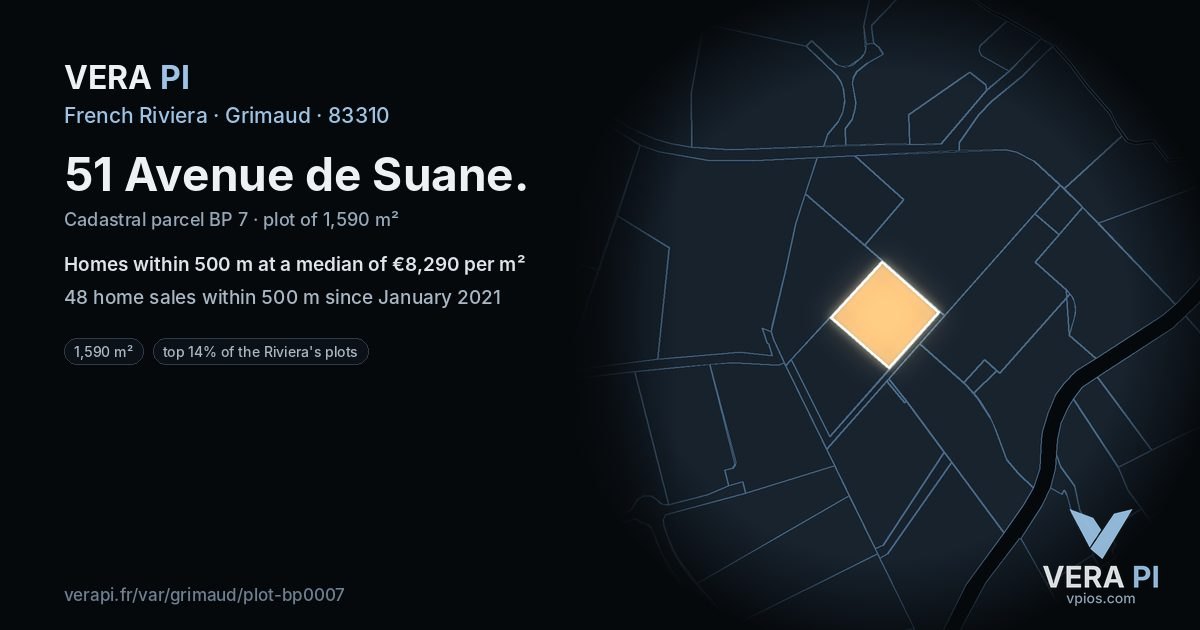 51 Avenue de Suane, Grimaud at night – the plot lit, the parcels around coloured by the prices near them