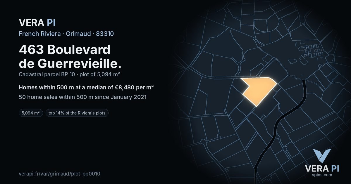 463 Boulevard de Guerrevieille, Grimaud at night – the plot lit, the parcels around coloured by the prices near them