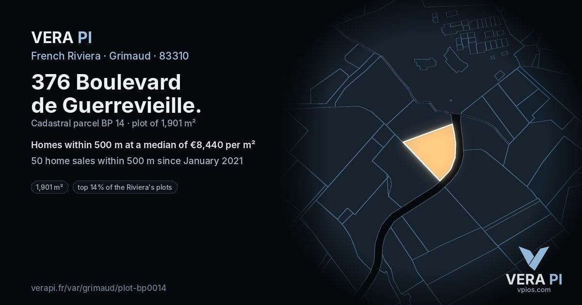 376 Boulevard de Guerrevieille, Grimaud at night – the plot lit, the parcels around coloured by the prices near them