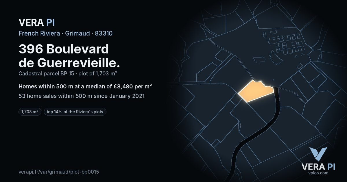 396 Boulevard de Guerrevieille, Grimaud at night – the plot lit, the parcels around coloured by the prices near them