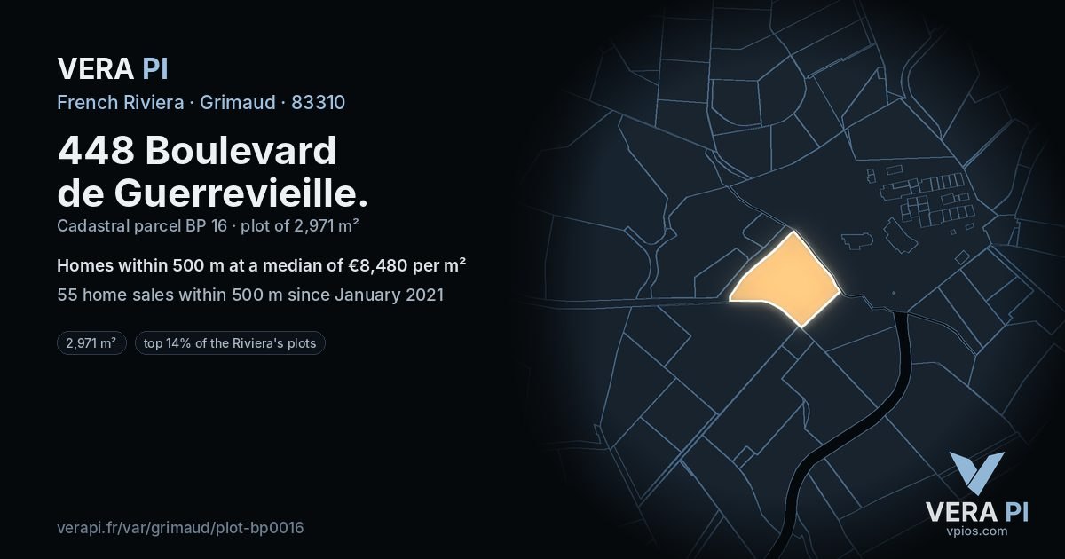 448 Boulevard de Guerrevieille, Grimaud at night – the plot lit, the parcels around coloured by the prices near them