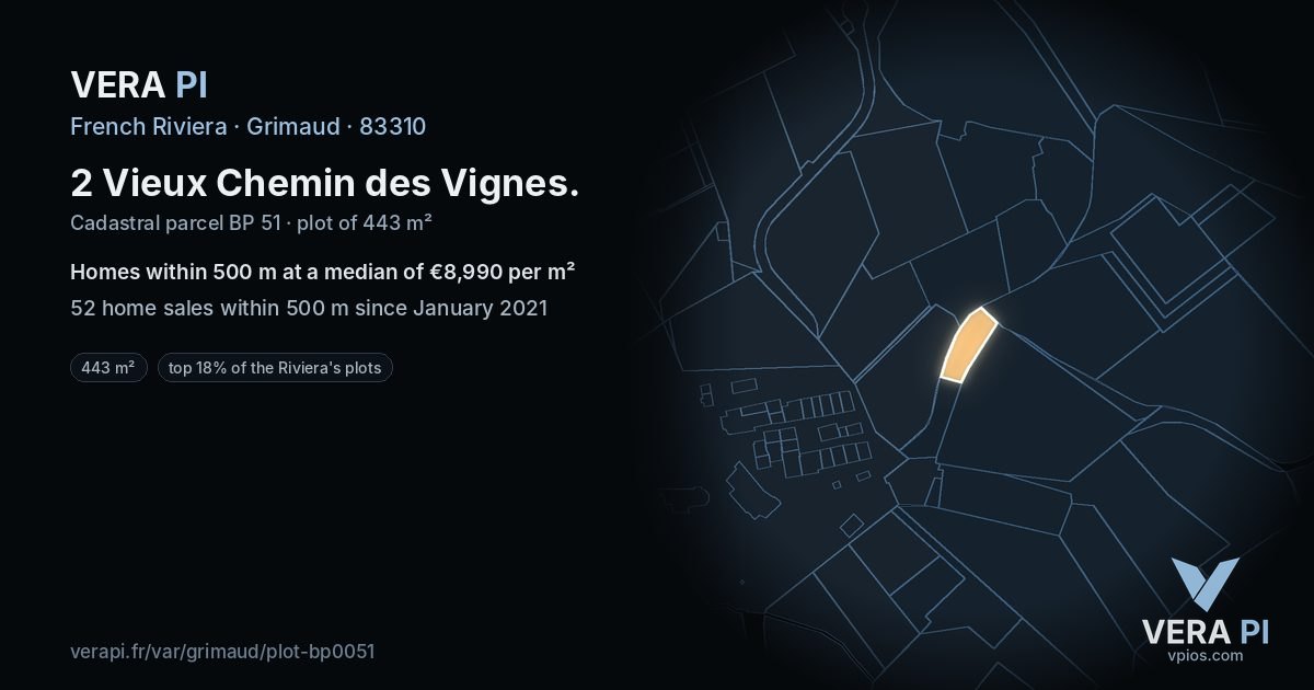 2 Vieux Chemin des Vignes, Grimaud at night – the plot lit, the parcels around coloured by the prices near them