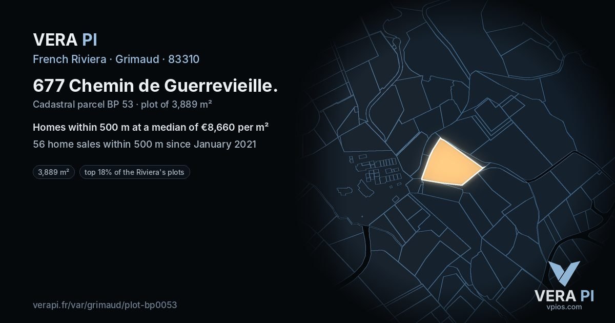 677 Chemin de Guerrevieille, Grimaud at night – the plot lit, the parcels around coloured by the prices near them