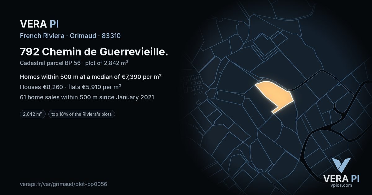 792 Chemin de Guerrevieille, Grimaud at night – the plot lit, the parcels around coloured by the prices near them