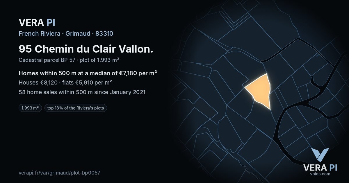 95 Chemin du Clair Vallon, Grimaud at night – the plot lit, the parcels around coloured by the prices near them