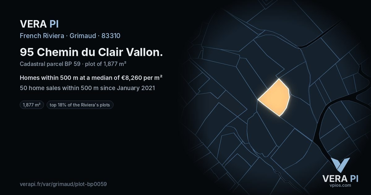 95 Chemin du Clair Vallon, Grimaud at night – the plot lit, the parcels around coloured by the prices near them