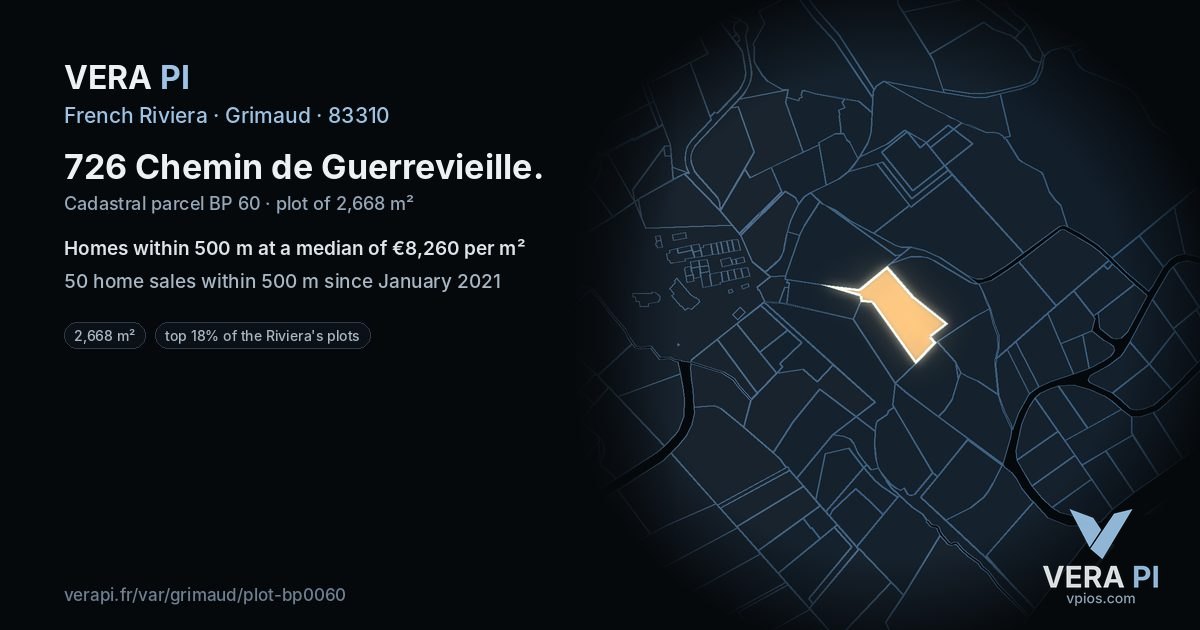 726 Chemin de Guerrevieille, Grimaud at night – the plot lit, the parcels around coloured by the prices near them