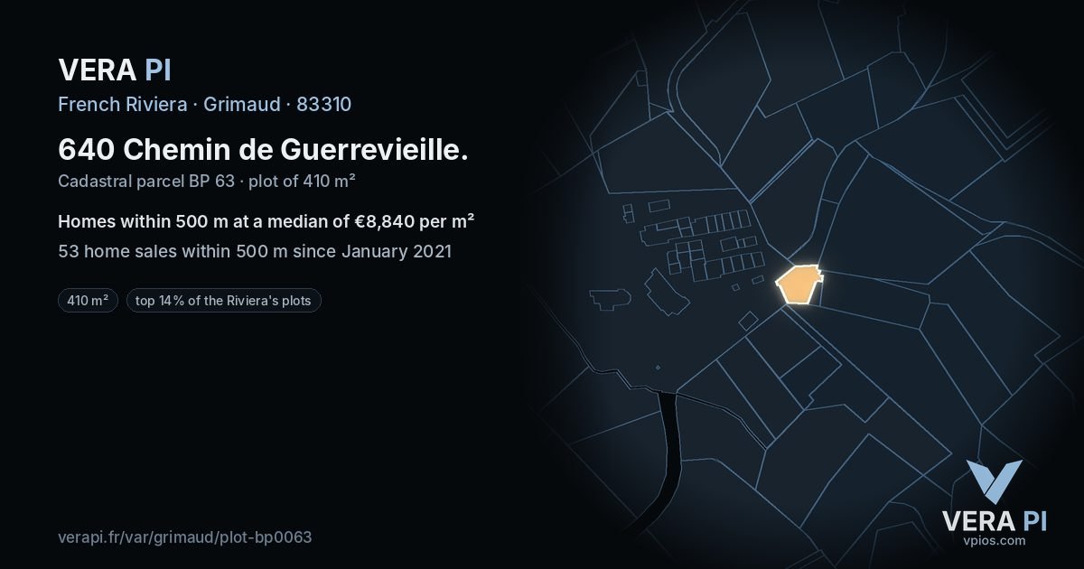 640 Chemin de Guerrevieille, Grimaud at night – the plot lit, the parcels around coloured by the prices near them