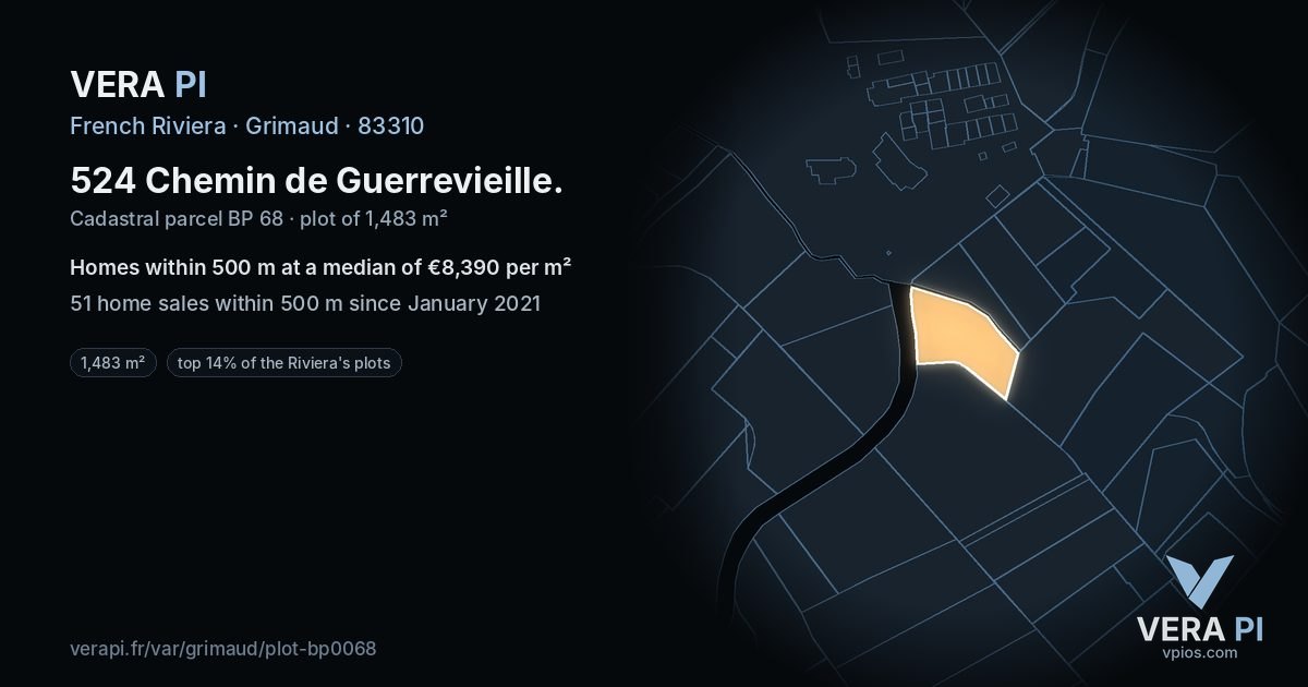 524 Chemin de Guerrevieille, Grimaud at night – the plot lit, the parcels around coloured by the prices near them