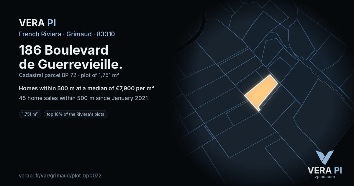 186 Boulevard de Guerrevieille, Grimaud at night – the plot lit, the parcels around coloured by the prices near them
