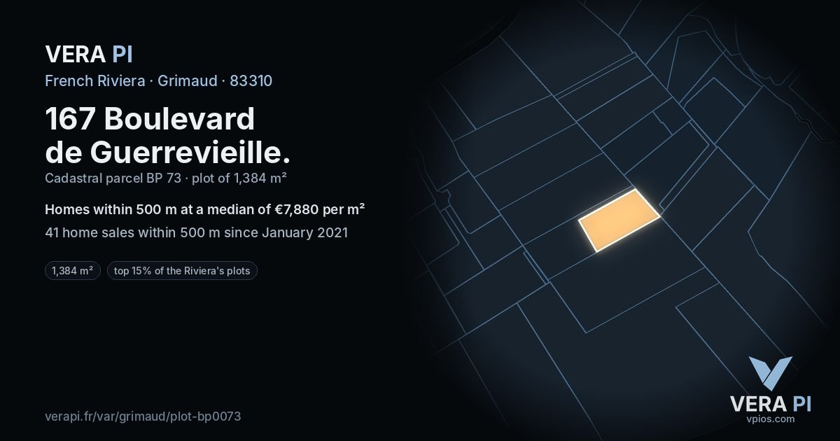 167 Boulevard de Guerrevieille, Grimaud at night – the plot lit, the parcels around coloured by the prices near them