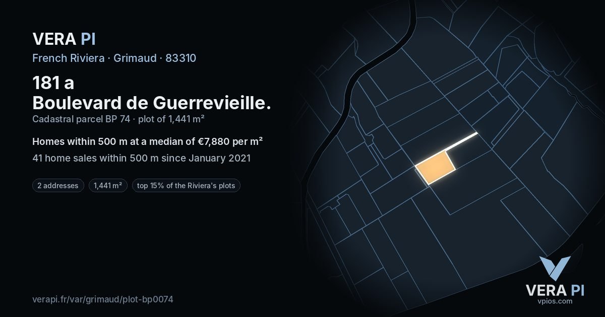 181 a Boulevard de Guerrevieille, Grimaud at night – the plot lit, the parcels around coloured by the prices near them