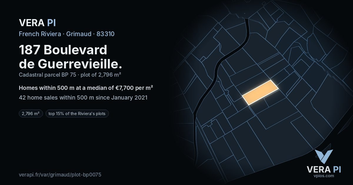 187 Boulevard de Guerrevieille, Grimaud at night – the plot lit, the parcels around coloured by the prices near them