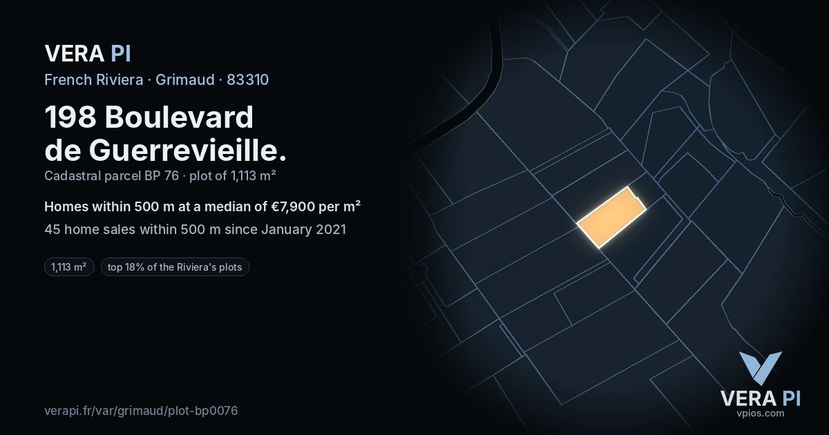 198 Boulevard de Guerrevieille, Grimaud at night – the plot lit, the parcels around coloured by the prices near them