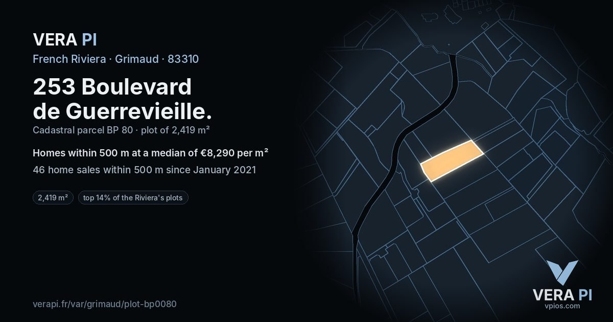 253 Boulevard de Guerrevieille, Grimaud at night – the plot lit, the parcels around coloured by the prices near them