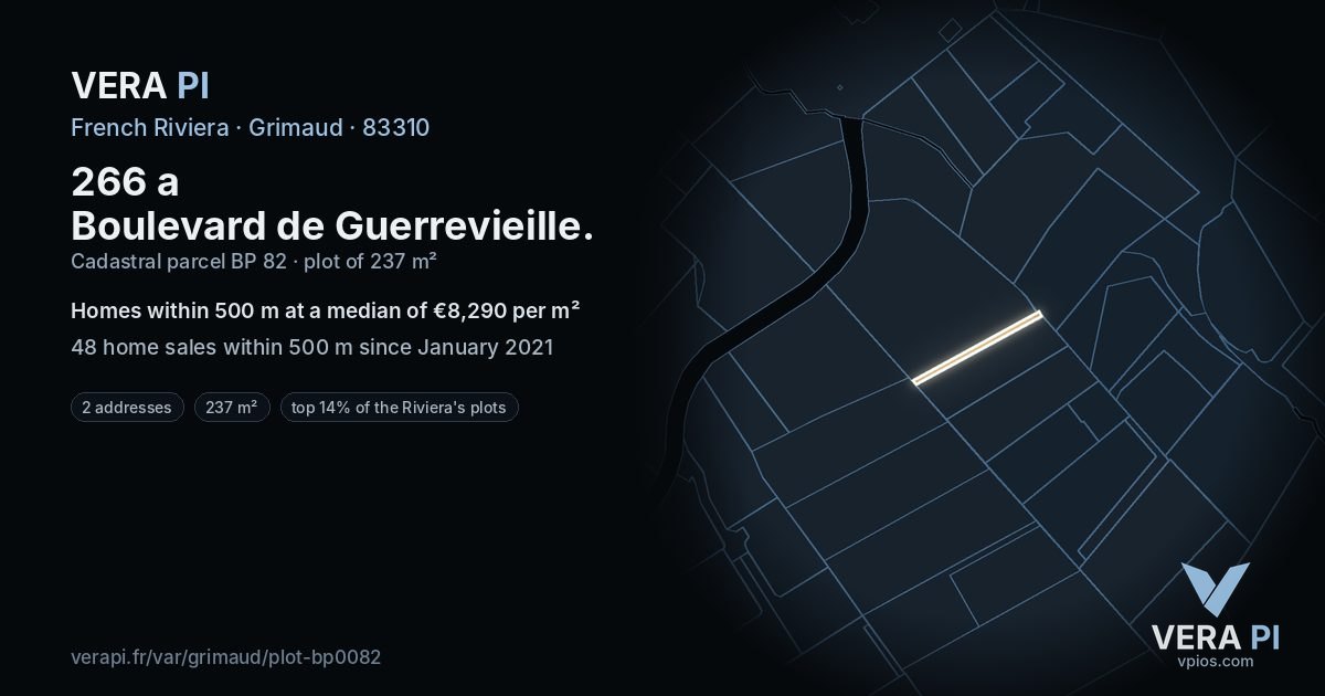 266 a Boulevard de Guerrevieille, Grimaud at night – the plot lit, the parcels around coloured by the prices near them