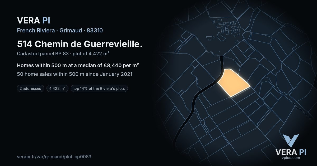514 Chemin de Guerrevieille, Grimaud at night – the plot lit, the parcels around coloured by the prices near them