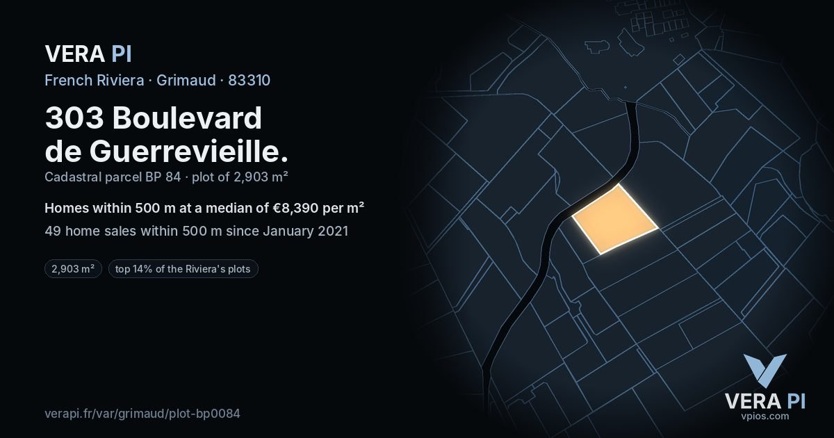 303 Boulevard de Guerrevieille, Grimaud at night – the plot lit, the parcels around coloured by the prices near them