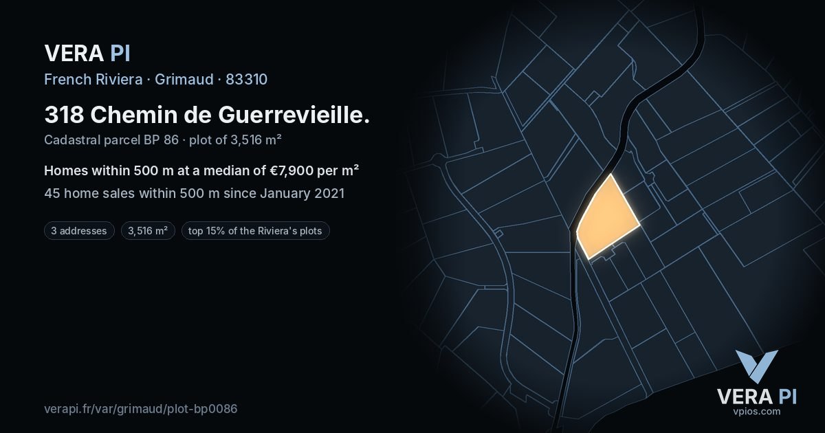318 Chemin de Guerrevieille, Grimaud at night – the plot lit, the parcels around coloured by the prices near them