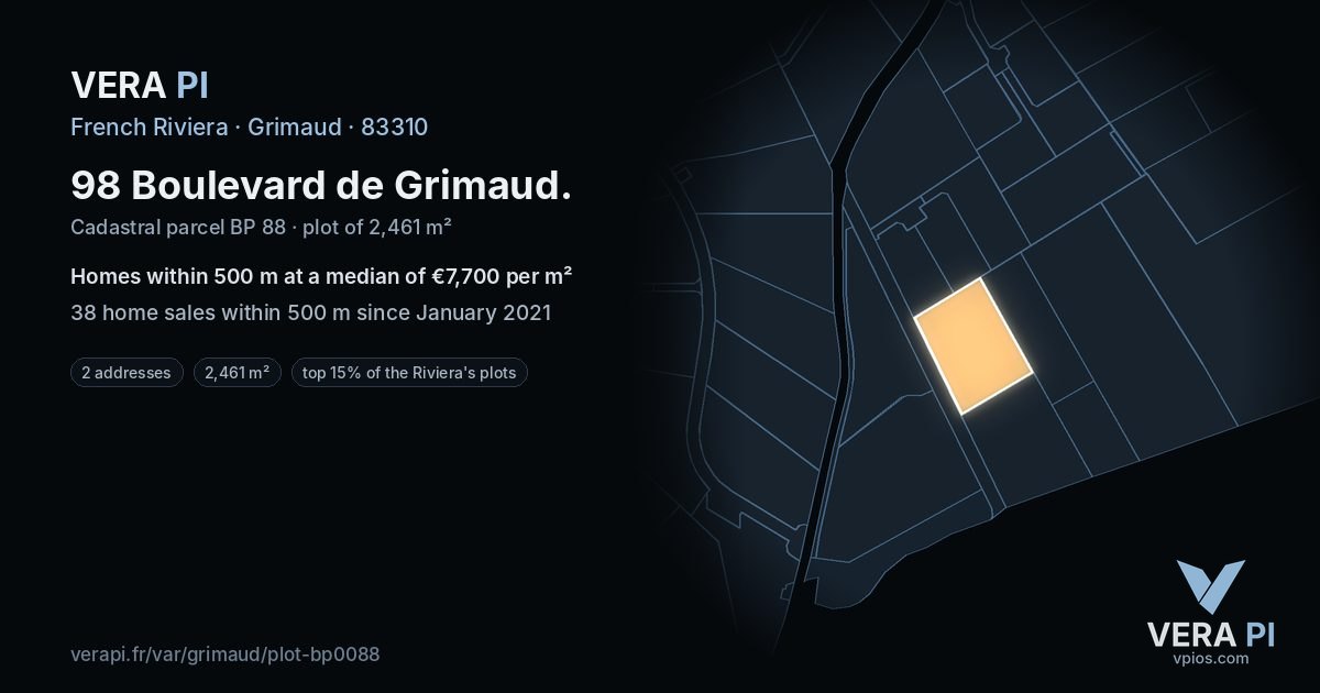 98 Boulevard de Grimaud, Grimaud at night – the plot lit, the parcels around coloured by the prices near them