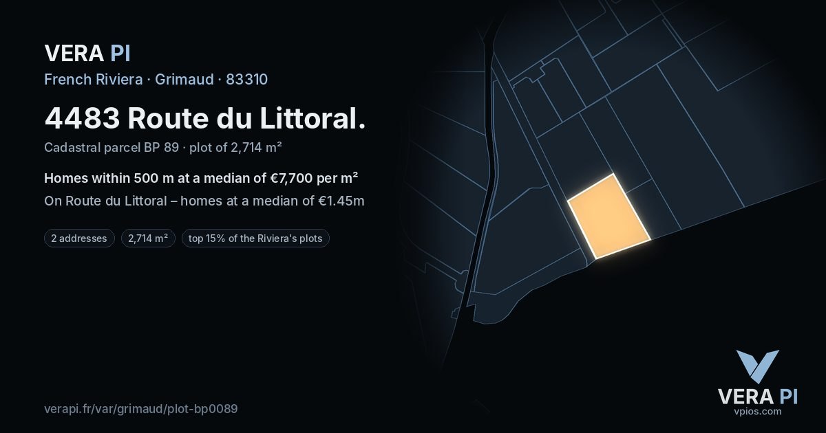 4483 Route du Littoral, Grimaud at night – the plot lit, the parcels around coloured by the prices near them